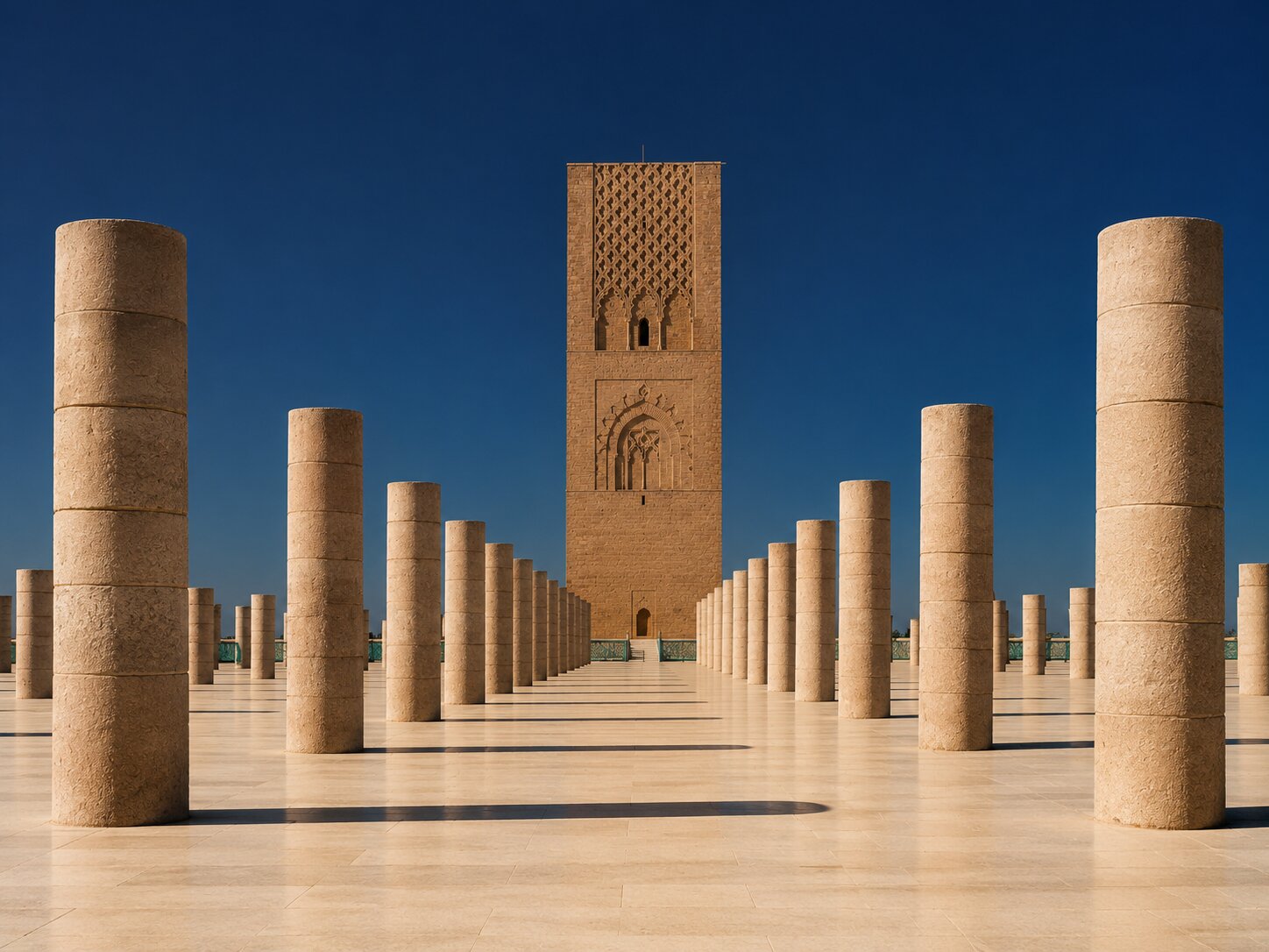 Rabat’s Hassan Tower framed by the stone columns of its esplanade under a deep blue sky.