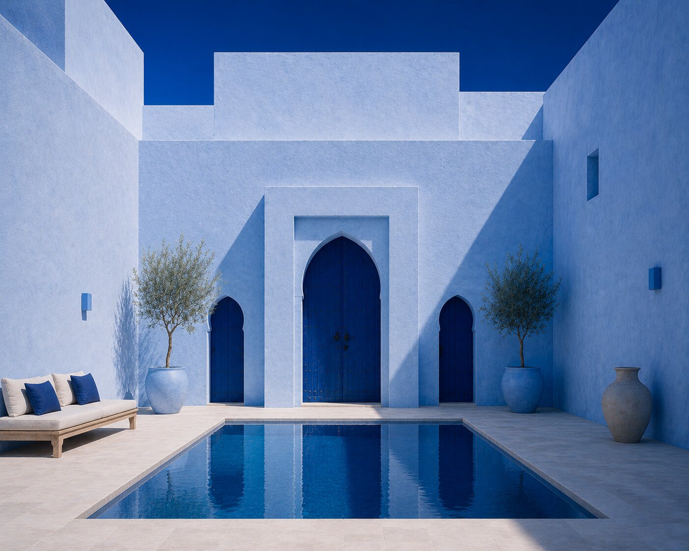 Blue Chefchaouen courtyard with a reflecting pool, cobalt arched doors and potted olive trees.