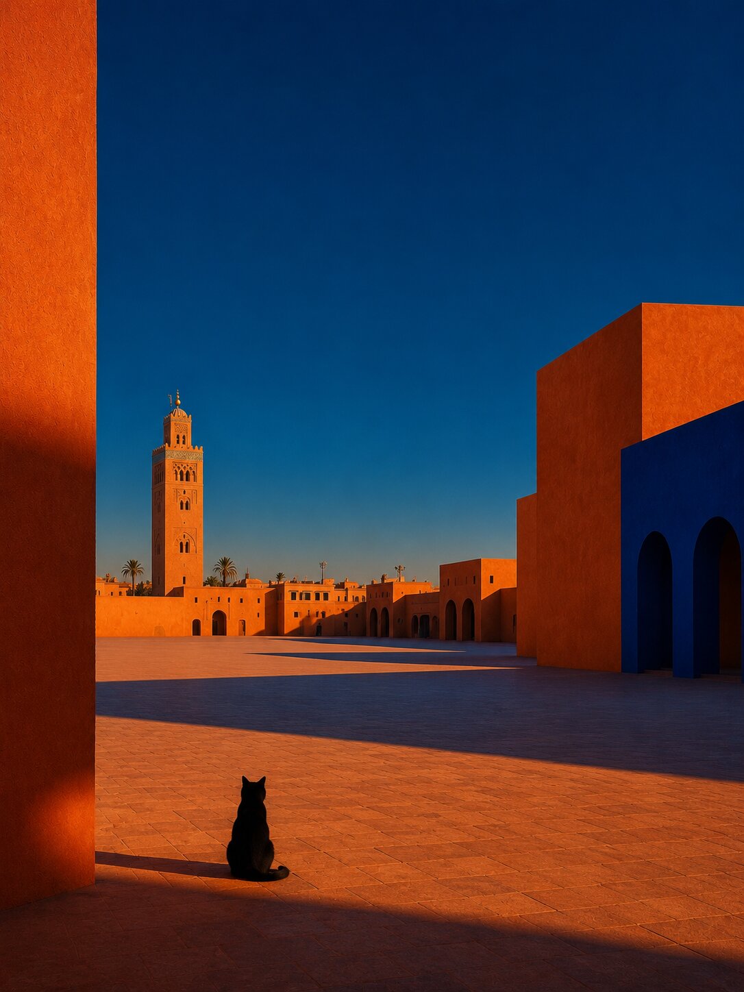 Wide square in Marrakech, the Koutoubia silhouetted at the horizon under a cobalt sky, a black cat seated in the foreground in golden light