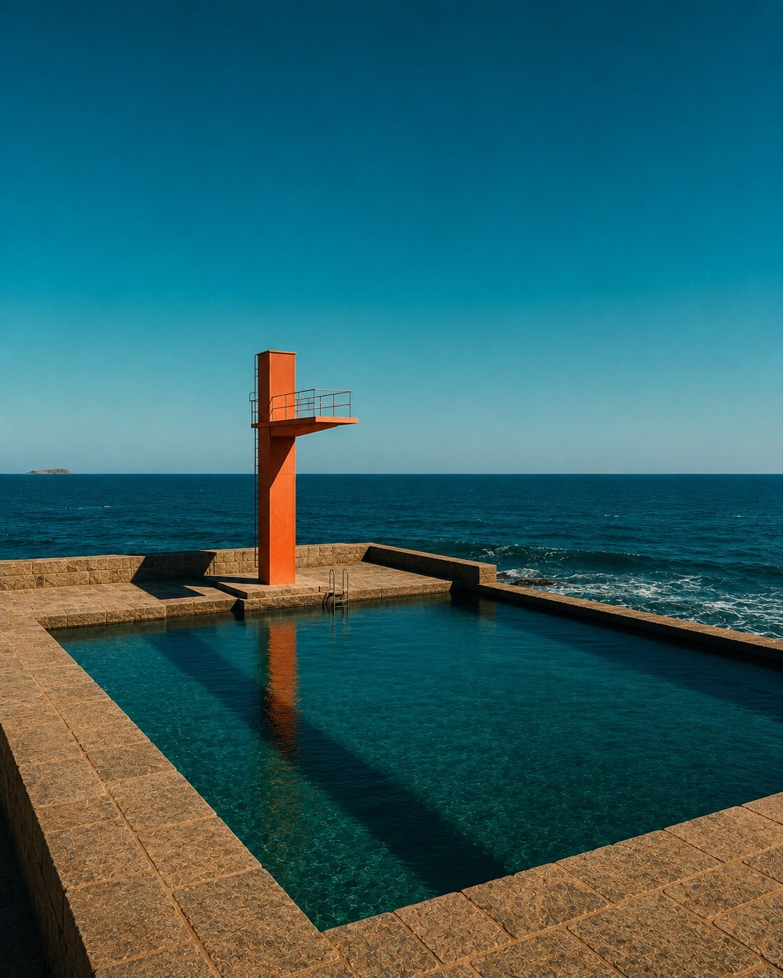 Piscine de mer à Saint-Malo avec un grand plongeoir corail reflété dans l'eau teal et l'horizon atlantique.