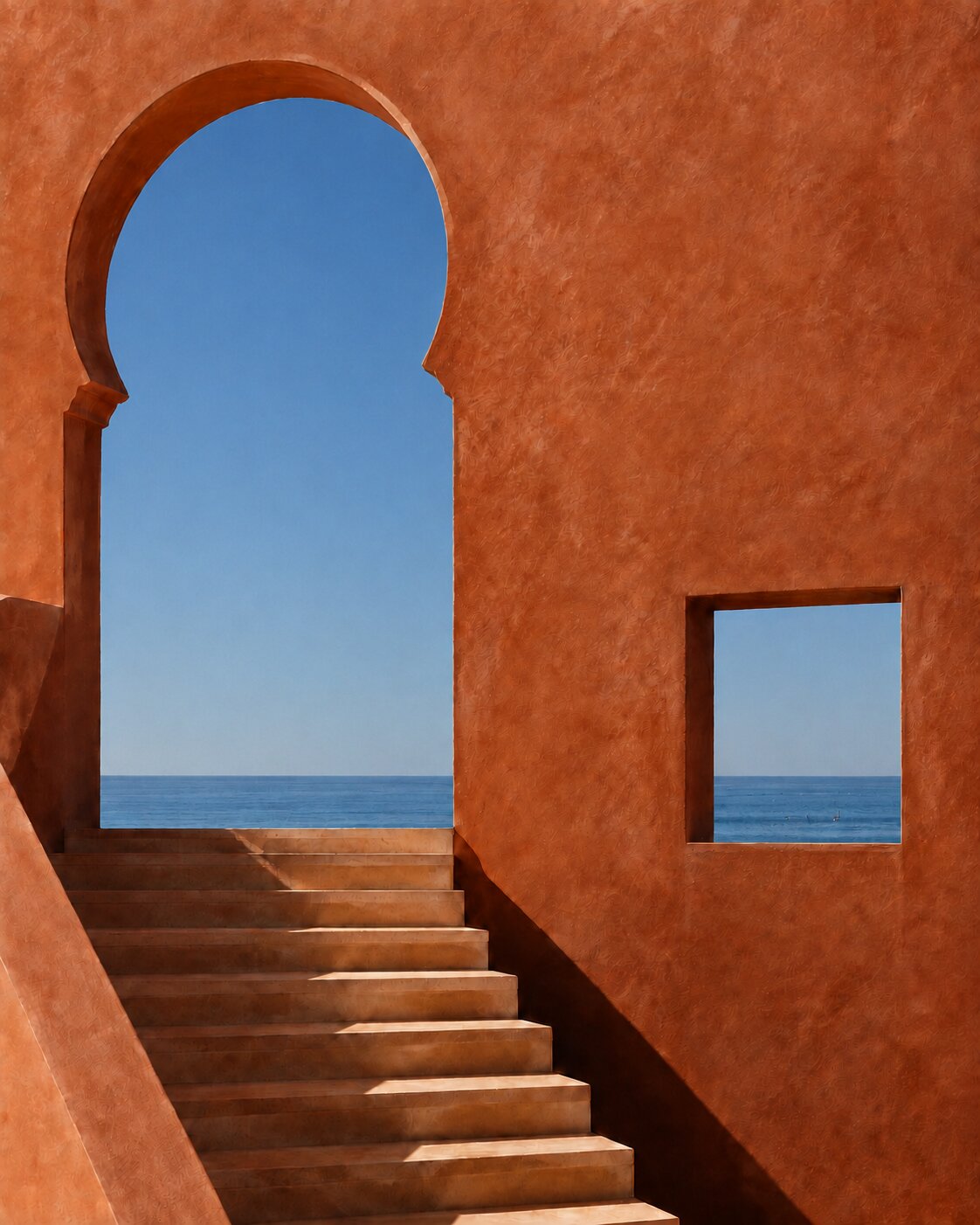Façade terracotta sculpturale, arche profonde, escalier de pierre et mince horizon océanique.
