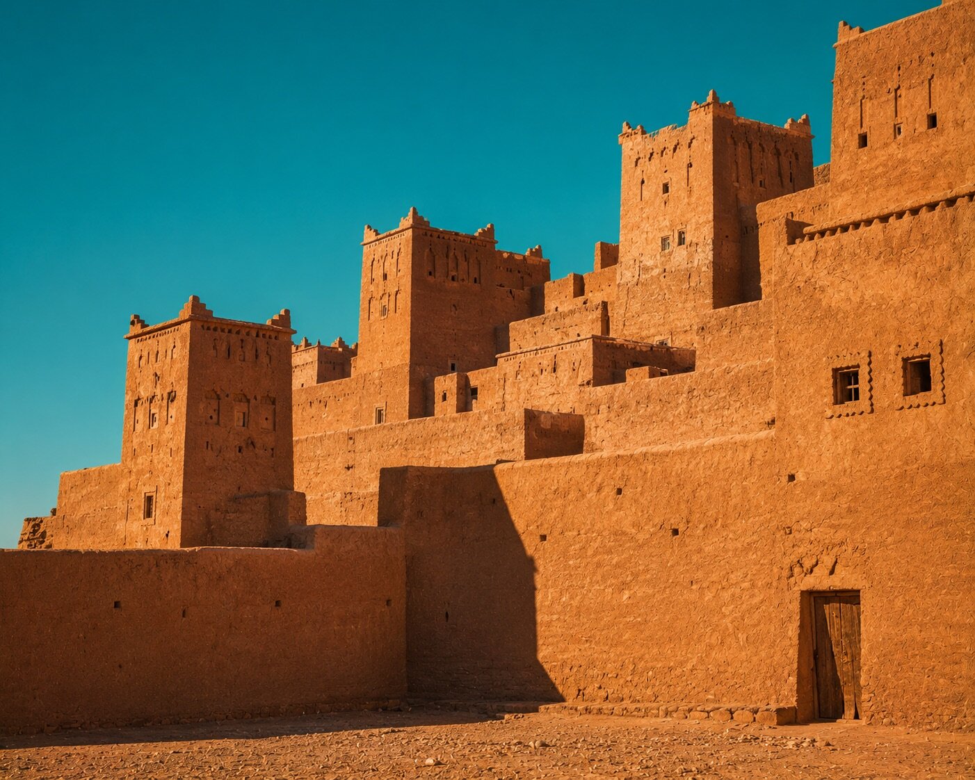 Architecture en terre d'Aït-Ben-Haddou sous un ciel turquoise intense