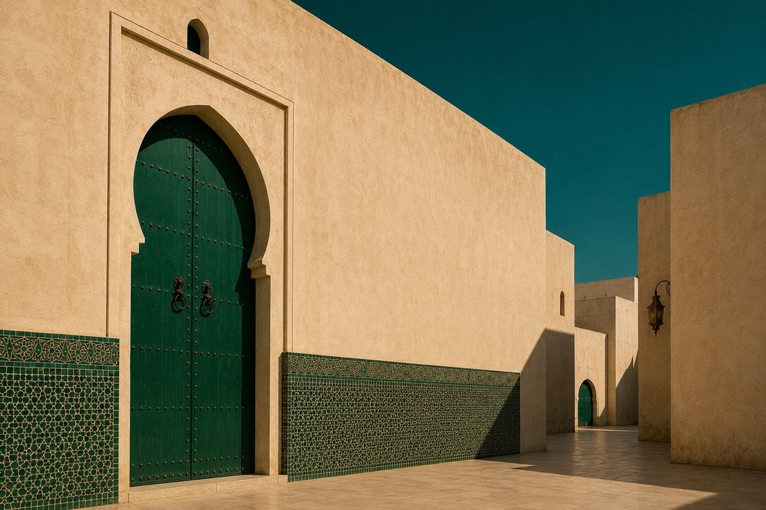 Monumental emerald green door set into minimalist ochre architecture in Fès.