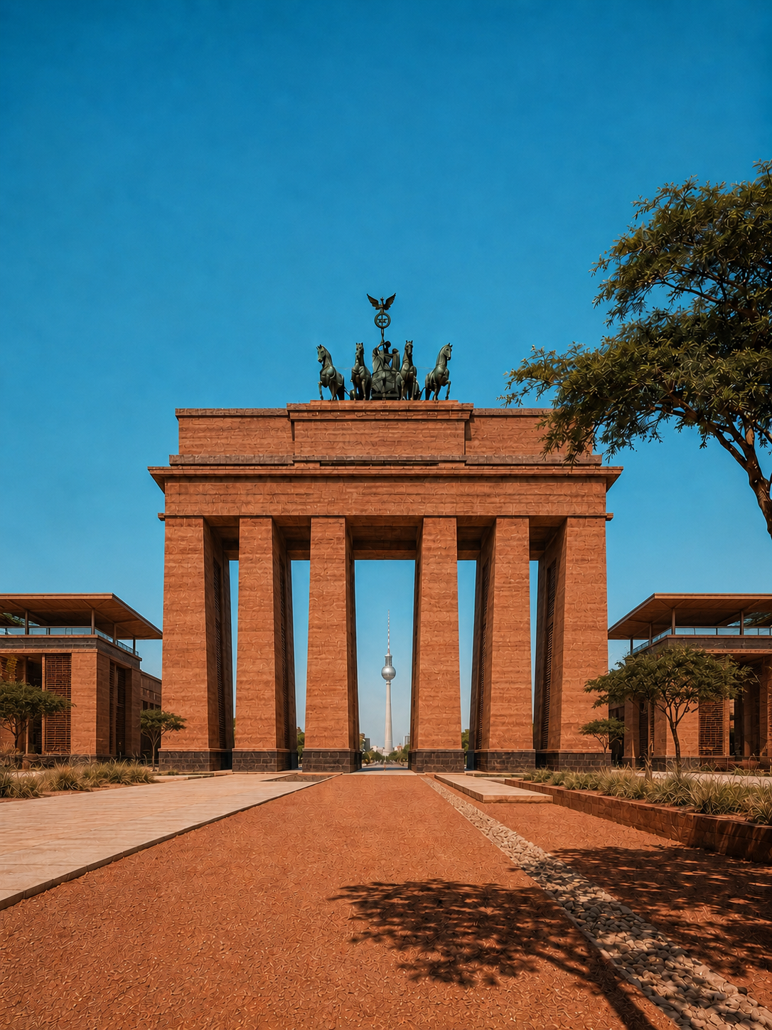 The Brandenburg Gate rebuilt in red earth, with five shaded passages, lateral pavilions and the Fernsehturm aligned beneath a vast blue sky.