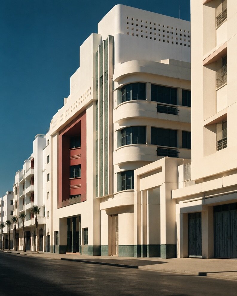 Art Deco urban façade in Casablanca, deep red frame and vertical green zellige lines on white volumes, palms along the avenue