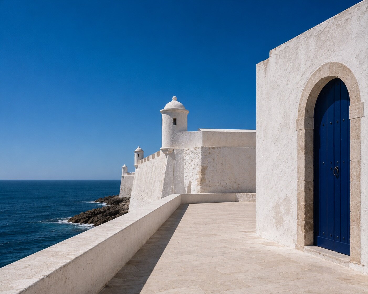 Fortifications blanches d'Essaouira face à l'océan, avec échauguettes et grande porte bleu cobalt.