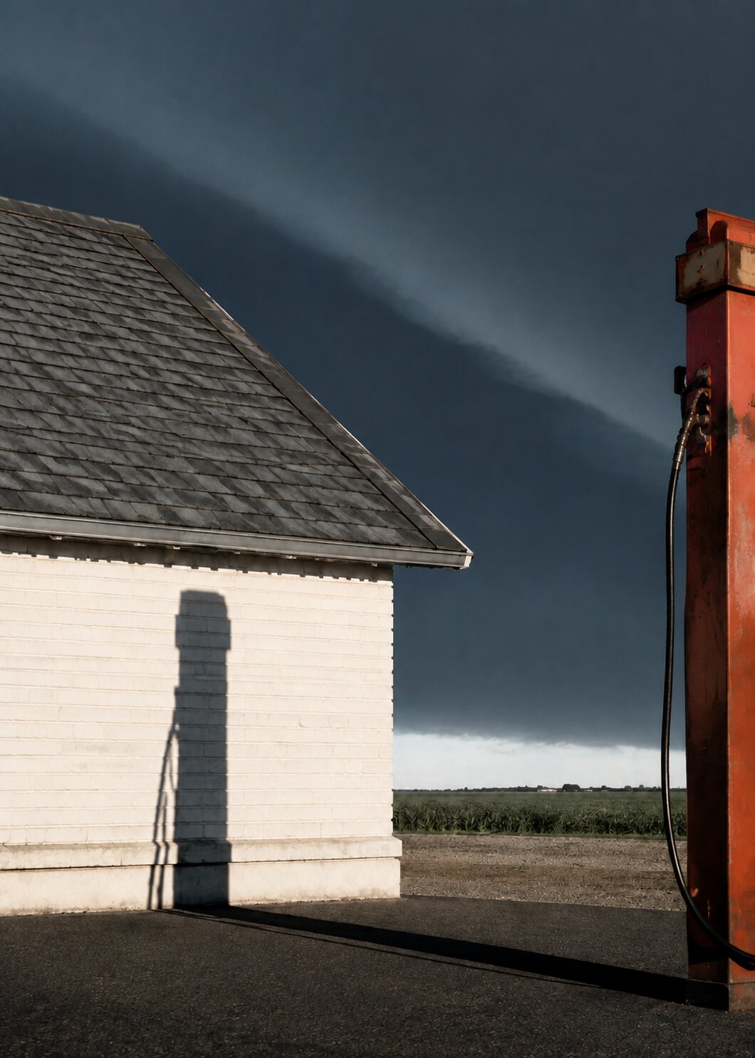 Small white Odell station, red pump, long shadows and plains beneath a dark sky.
