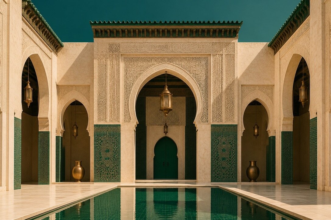 Patio marocain symétrique avec bassin réfléchissant, arches sculptées et zelliges verts.
