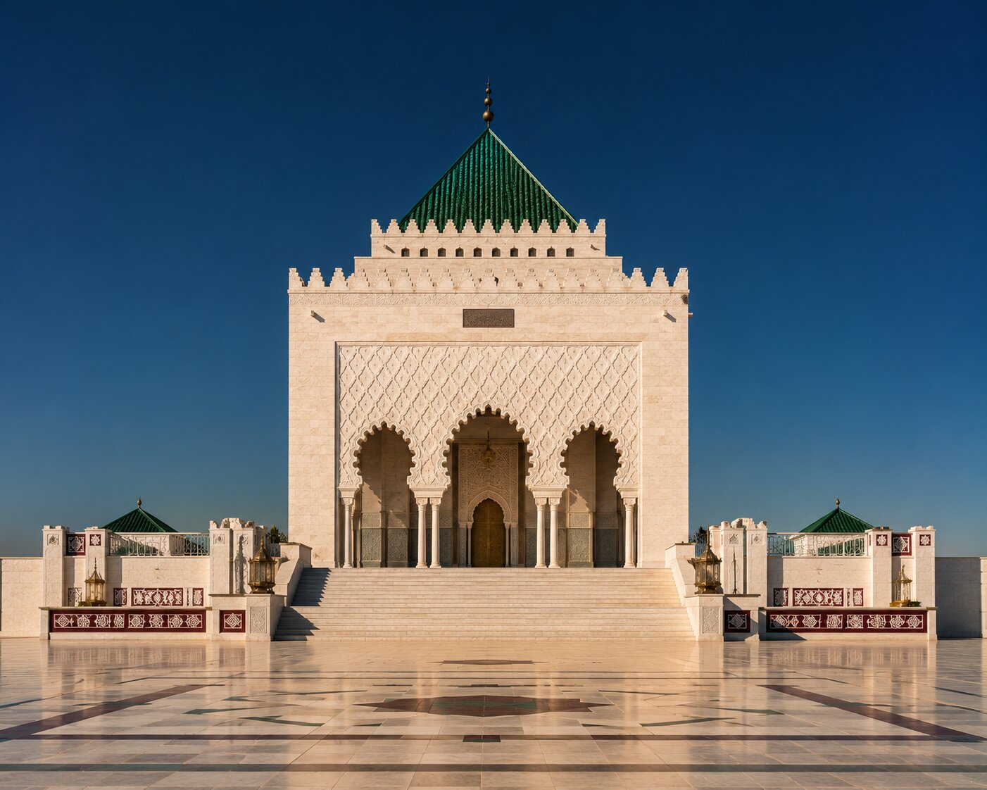 Symmetrical façade of the Mohammed V Mausoleum in Rabat, with carved arches and a green roof.