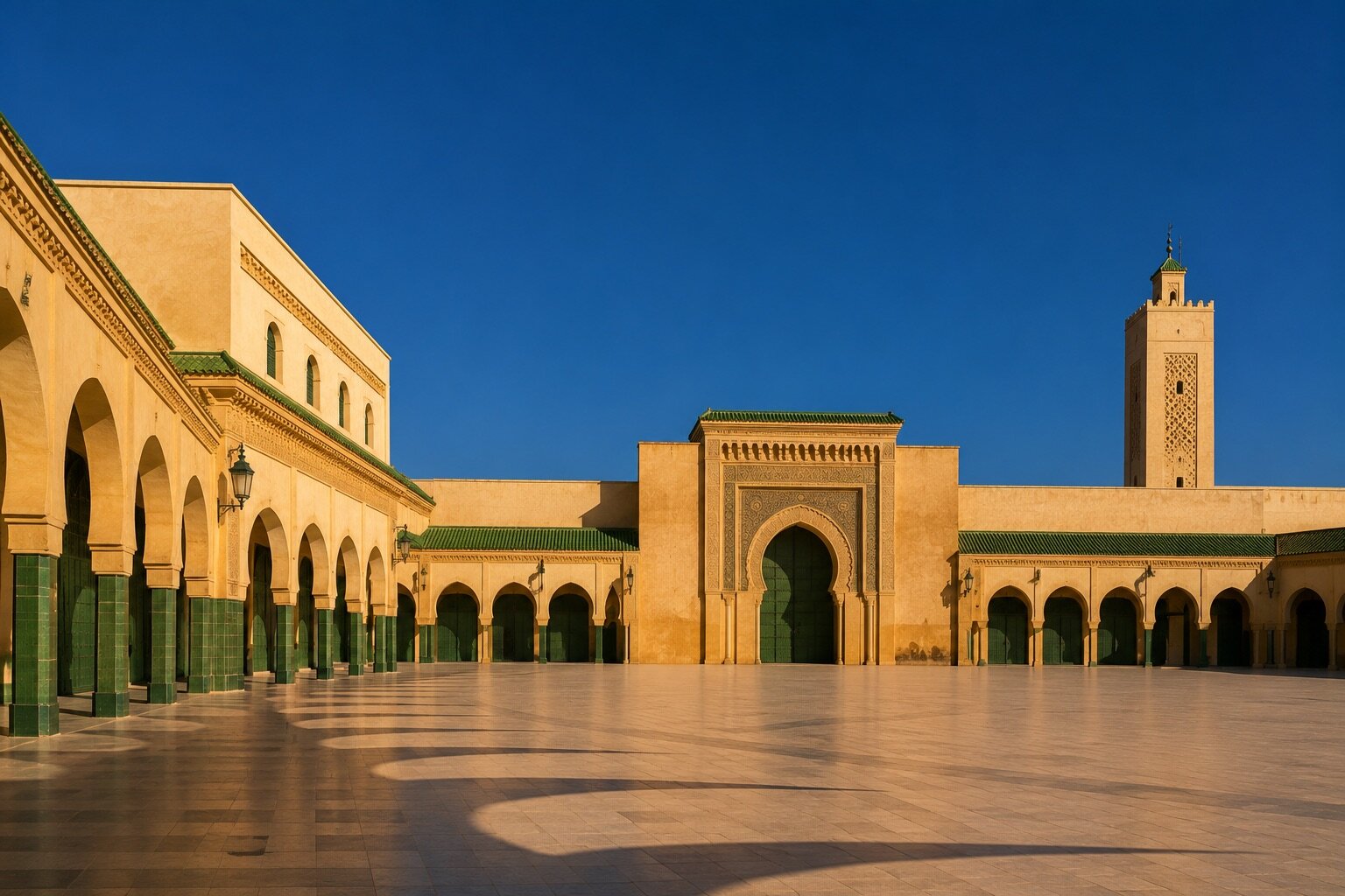 Grande cour impériale de Meknès avec arcades, porte monumentale et minaret sous un ciel bleu intense.