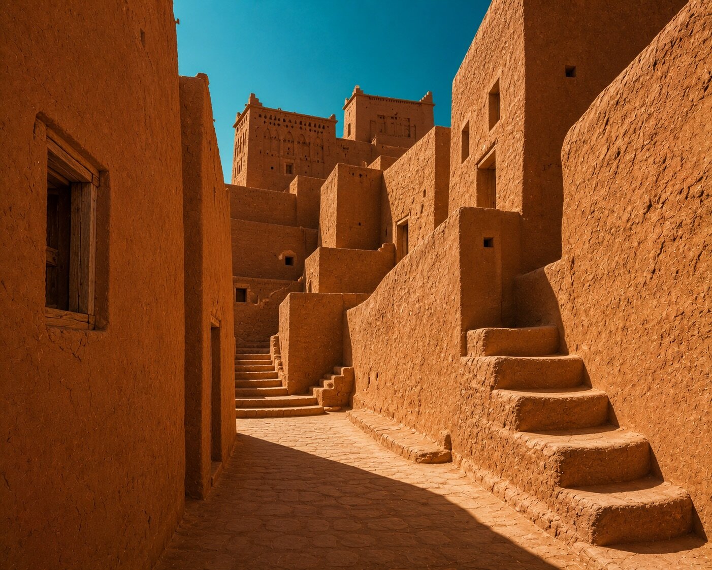 Ruelle et escaliers en terre dans le ksar d'Aït-Ben-Haddou