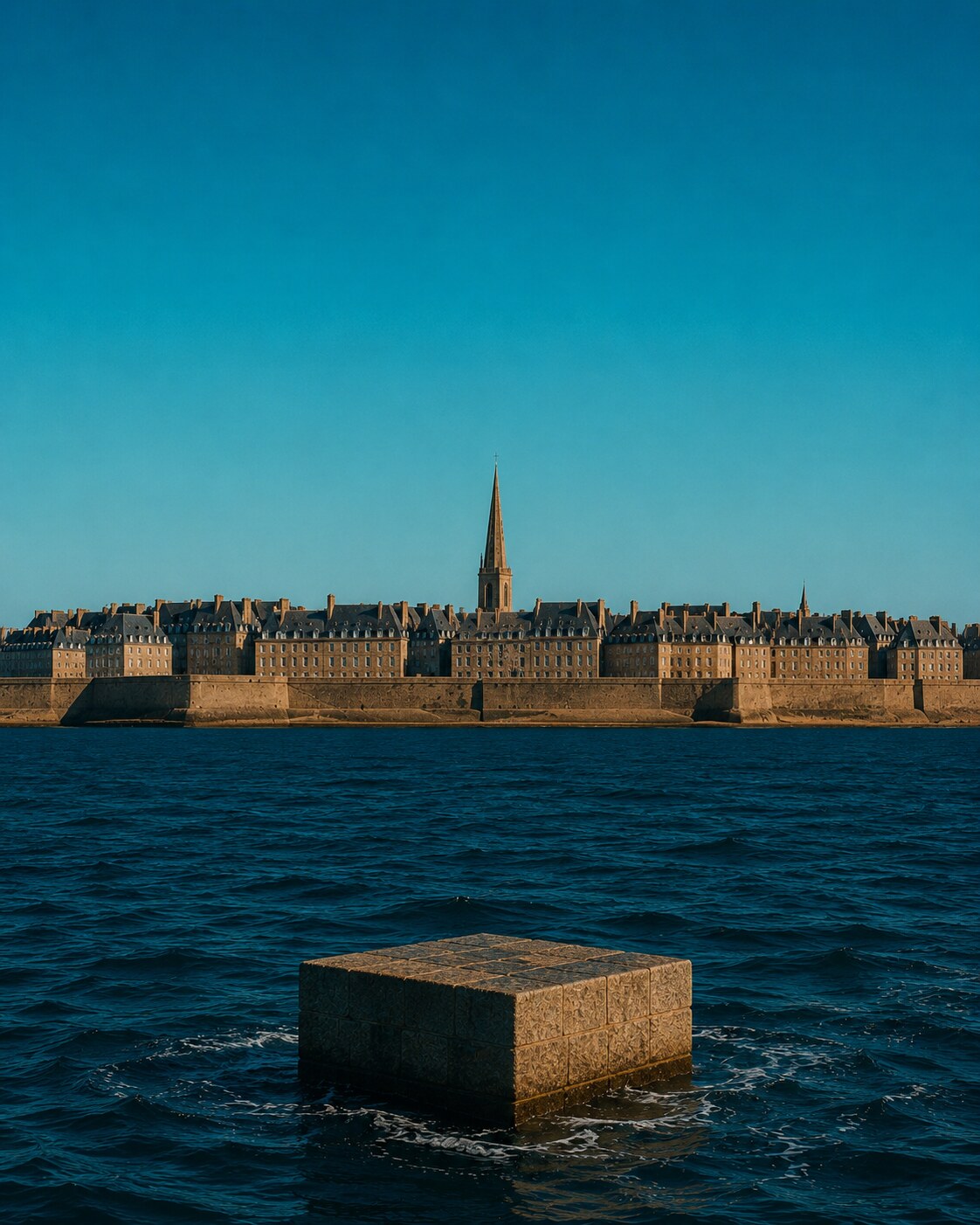 Remparts de Saint-Malo et flèche de la cathédrale vus depuis la mer, un bloc de granit émergeant au premier plan.