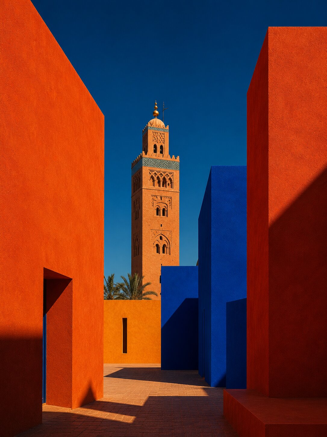 La Koutoubia s'élève entre des volumes architecturaux orange et bleu cobalt, les lignes de fuite convergent vers le minaret