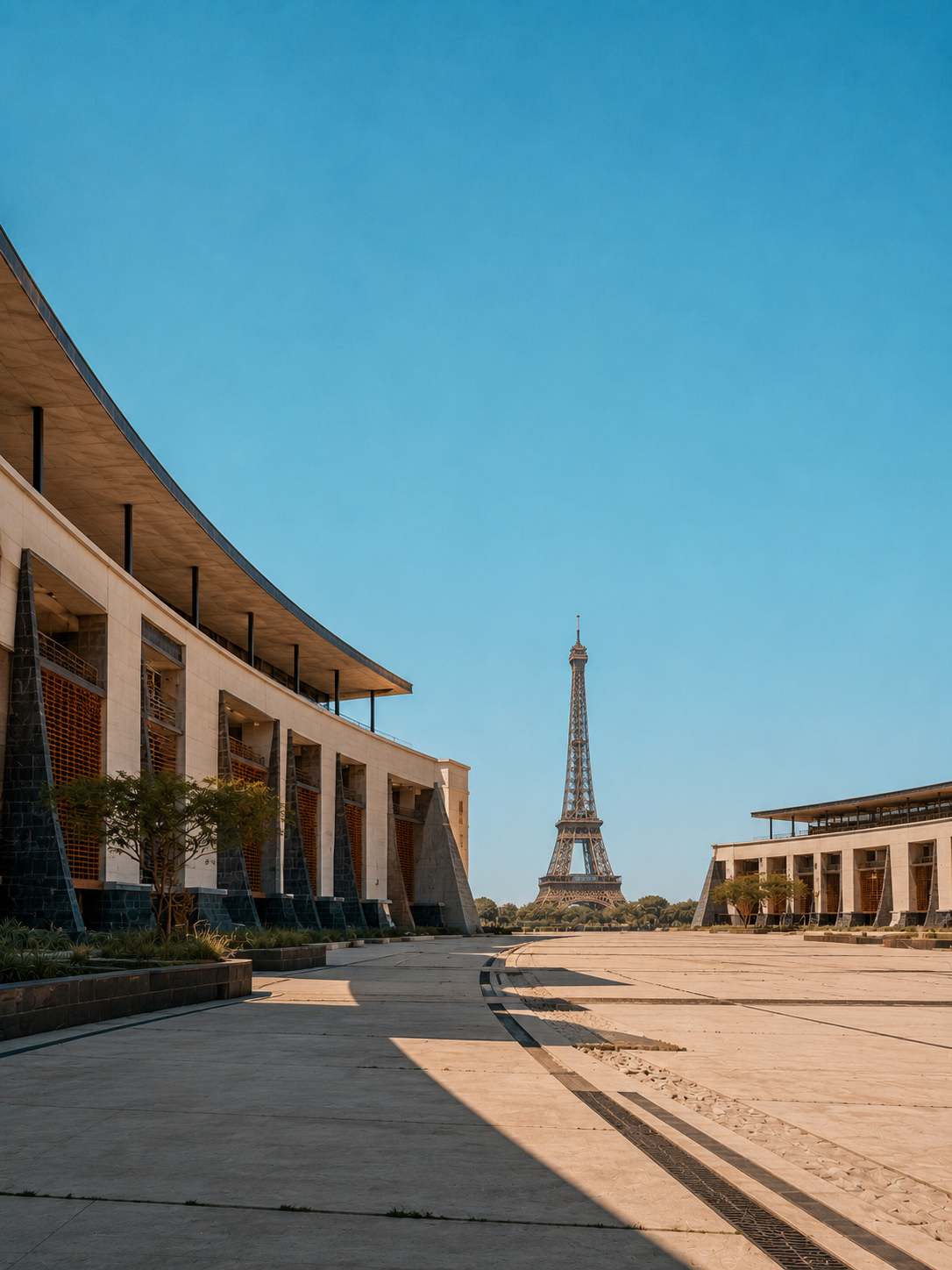 The Trocadéro esplanade transformed into a climate-responsive forum of stone and laterite, framing the Eiffel Tower beneath a broad cyan sky.