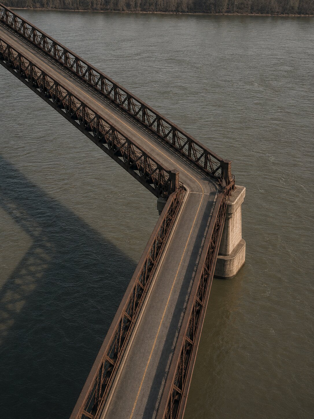 Aerial view of the Chain of Rocks Bridge forming a sharp angle above the Mississippi.