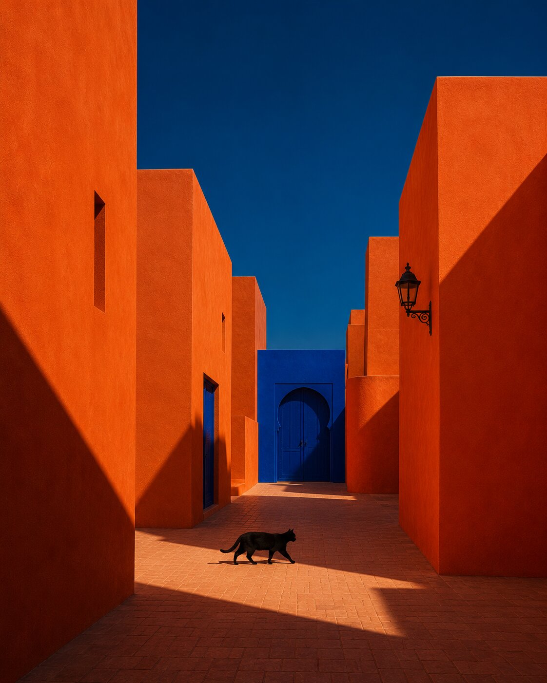 Ruelle ocre de Marrakech encadrée de murs orange vif, un chat noir traverse la composition au centre, porte bleue au fond