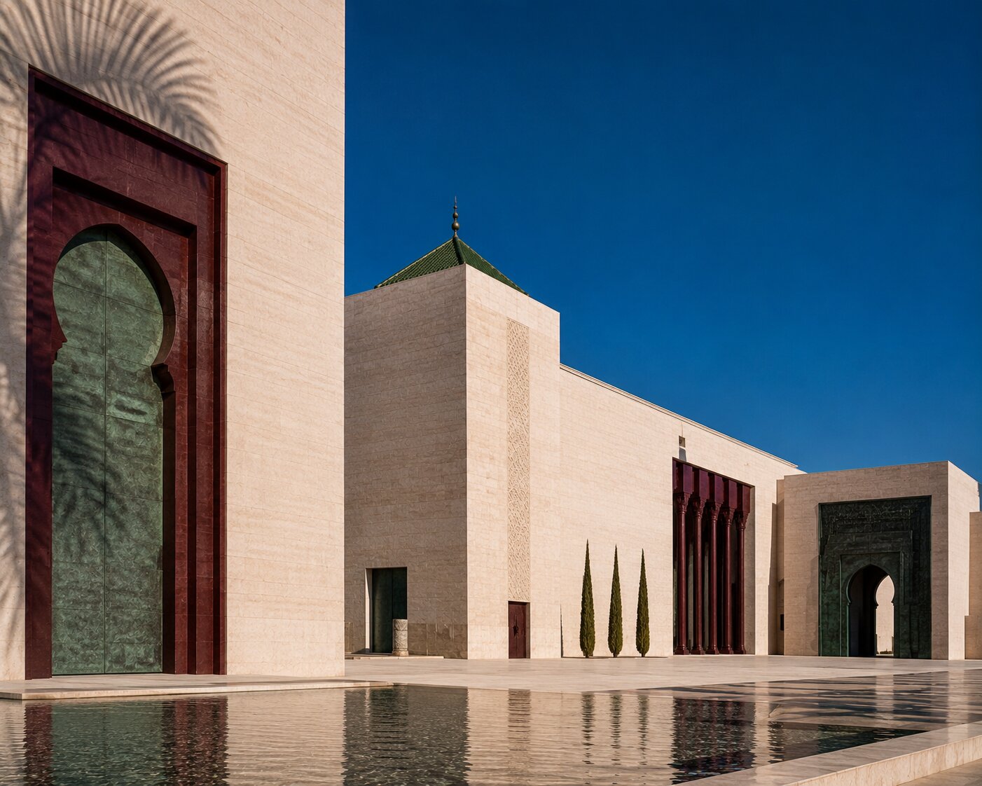 Monumental pale-stone architecture in Rabat, with dark doors, a reflecting pool and green roof.