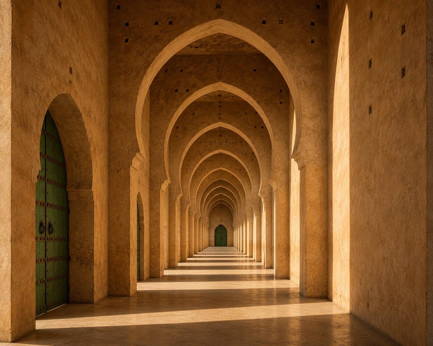 Perspective répétitive d'arches ocre et de portes vertes traversée par une lumière rasante.