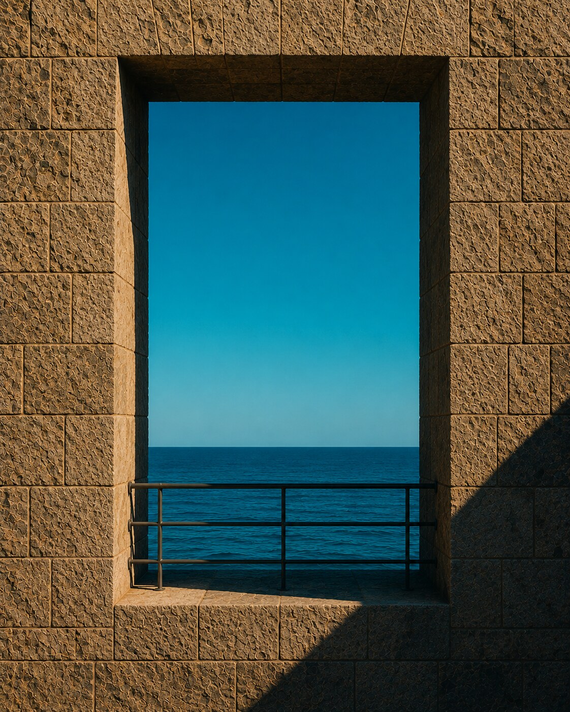 Ouverture rectangulaire dans un rempart de granit révélant un ciel cyan clair et une bande d'océan atlantique.
