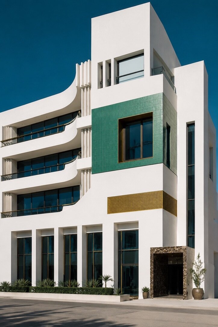 Immeuble moderniste blanc de Casablanca, panneau de zellige vert profond, bandeau de laiton doré et courbes Art déco sous un ciel bleu