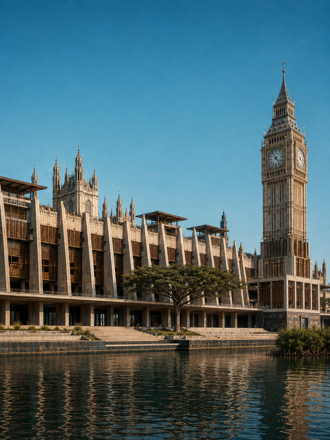 The Palace of Westminster and Elizabeth Tower transformed into an elevated tropical parliament beside a calm lagoon and ventilated galleries.