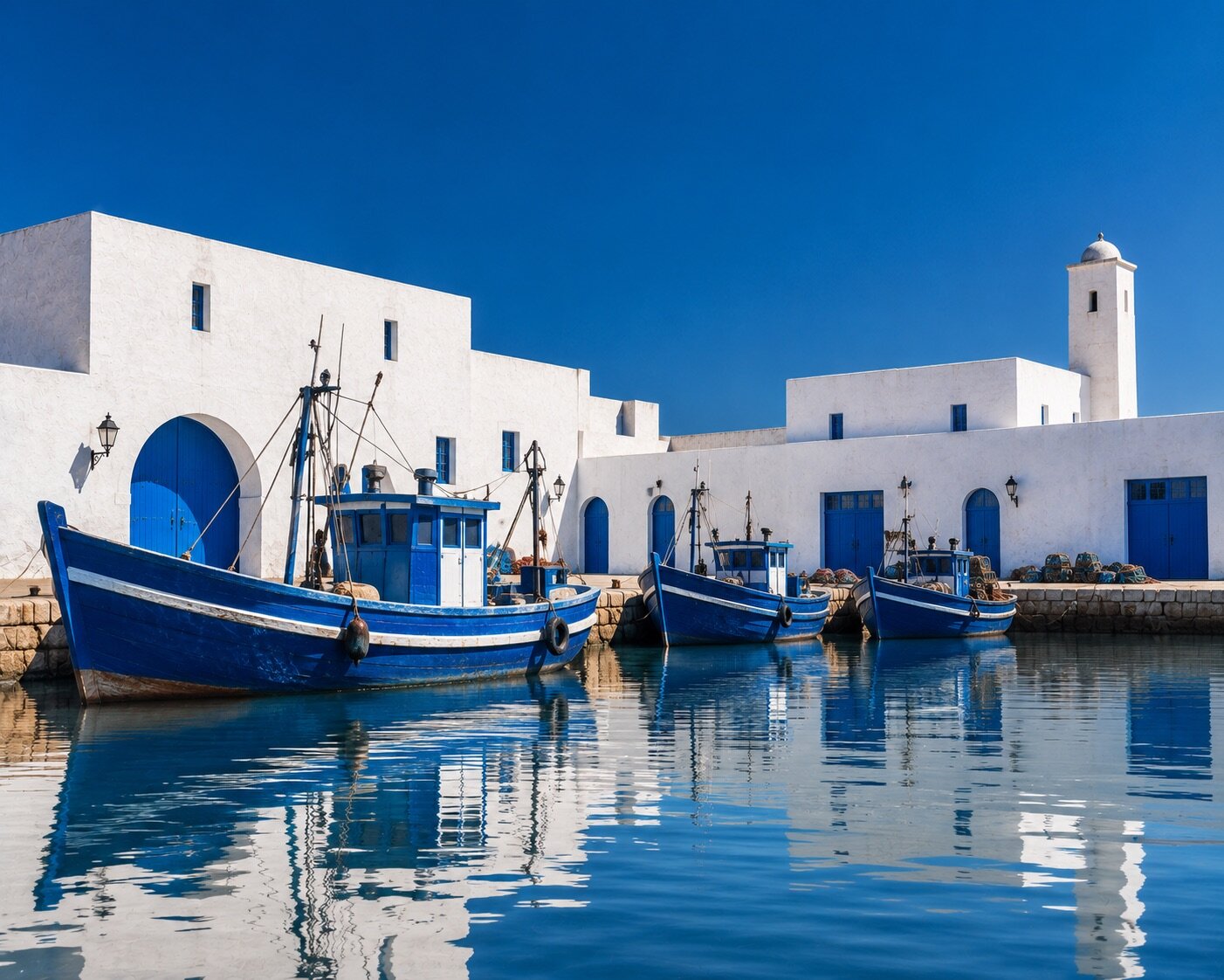 Bateaux de pêche bleus amarrés devant les façades blanches du port d'Essaouira.