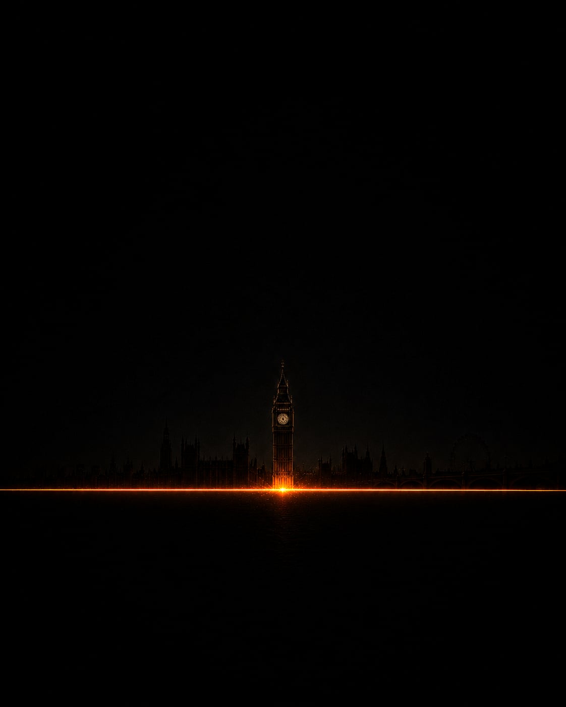 Big Ben faiblement éclairé par une ligne orange horizontale dans une vue nocturne minimaliste de Londres.