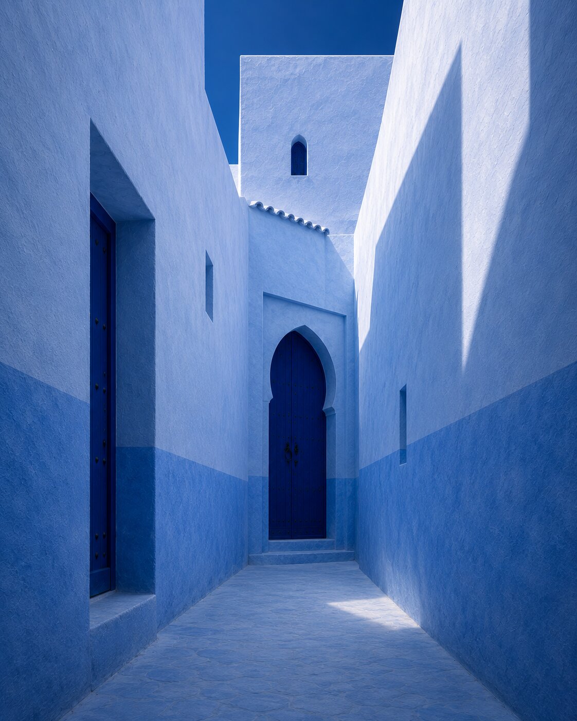 Blue and white Chefchaouen alley leading to a deep blue arched door.
