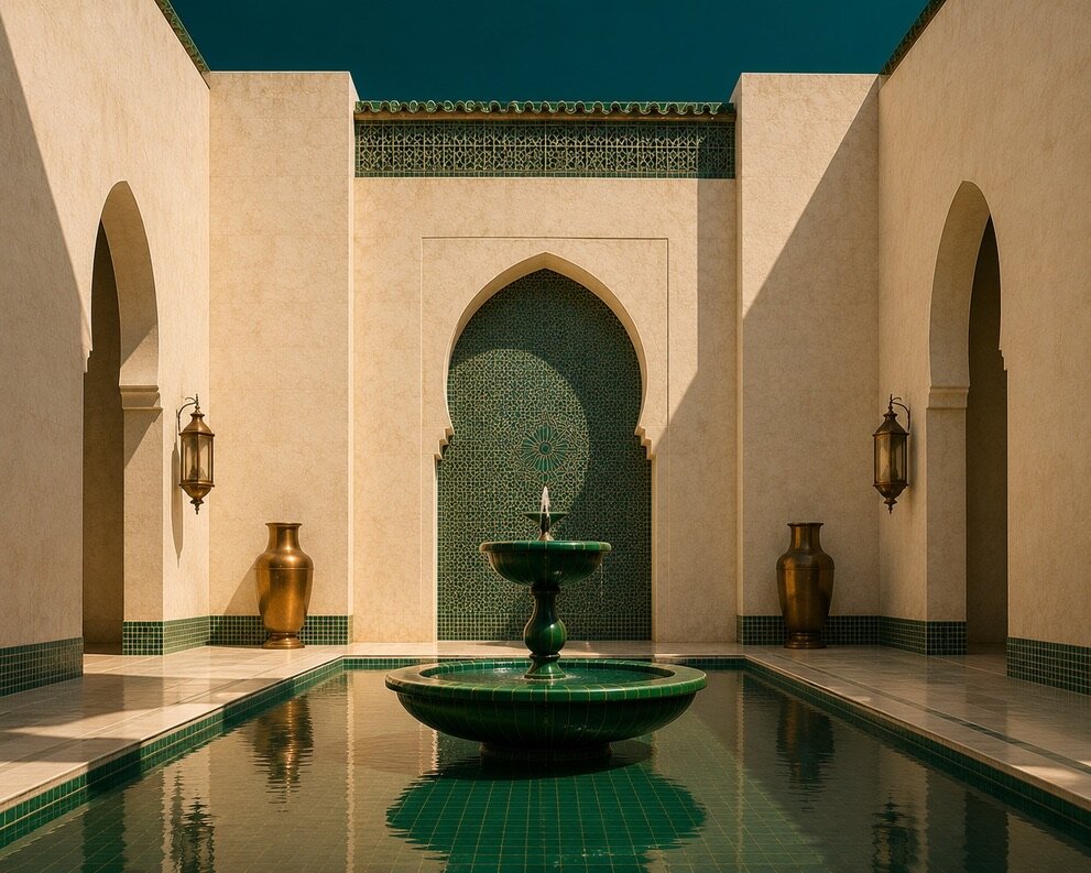 Fontaine en zellige vert au centre d'un patio marocain baigné de lumière.