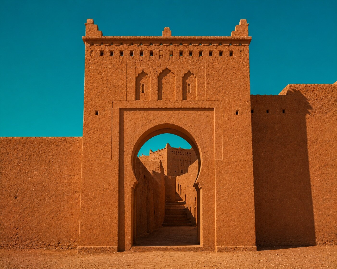 Porte monumentale en terre ouvrant sur la cité d'Aït-Ben-Haddou
