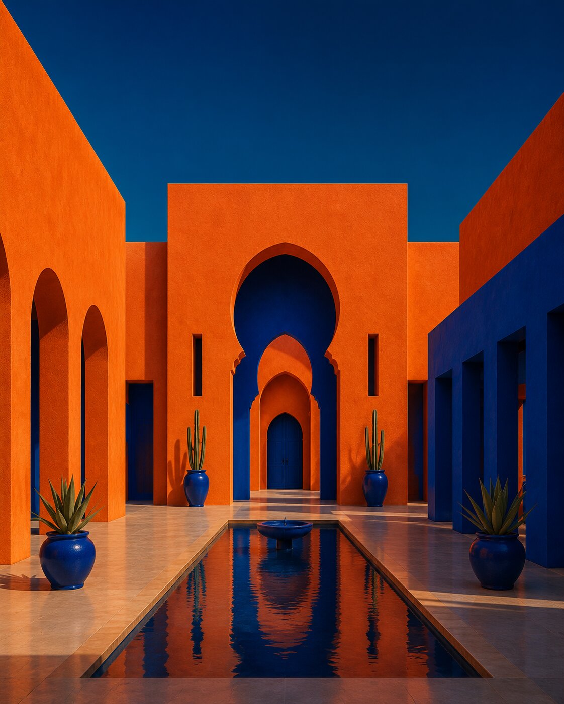 Cour symétrique avec bassin d'eau, arches mauresques successives en orange et bleu cobalt, palmiers et cactus en pots bleus