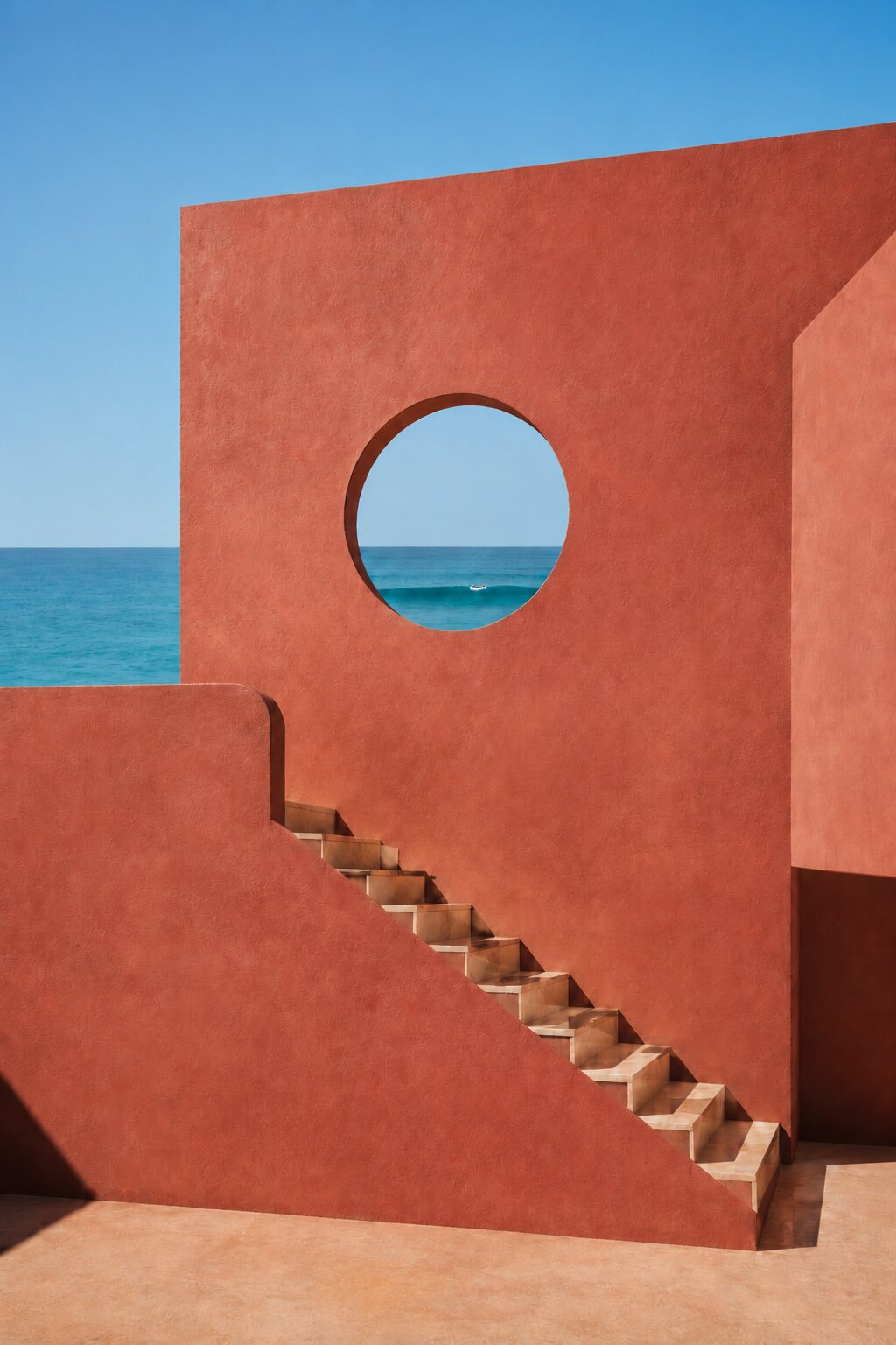 Façade rose poussiéreux, oculus bleu et escalier côtier graphique.