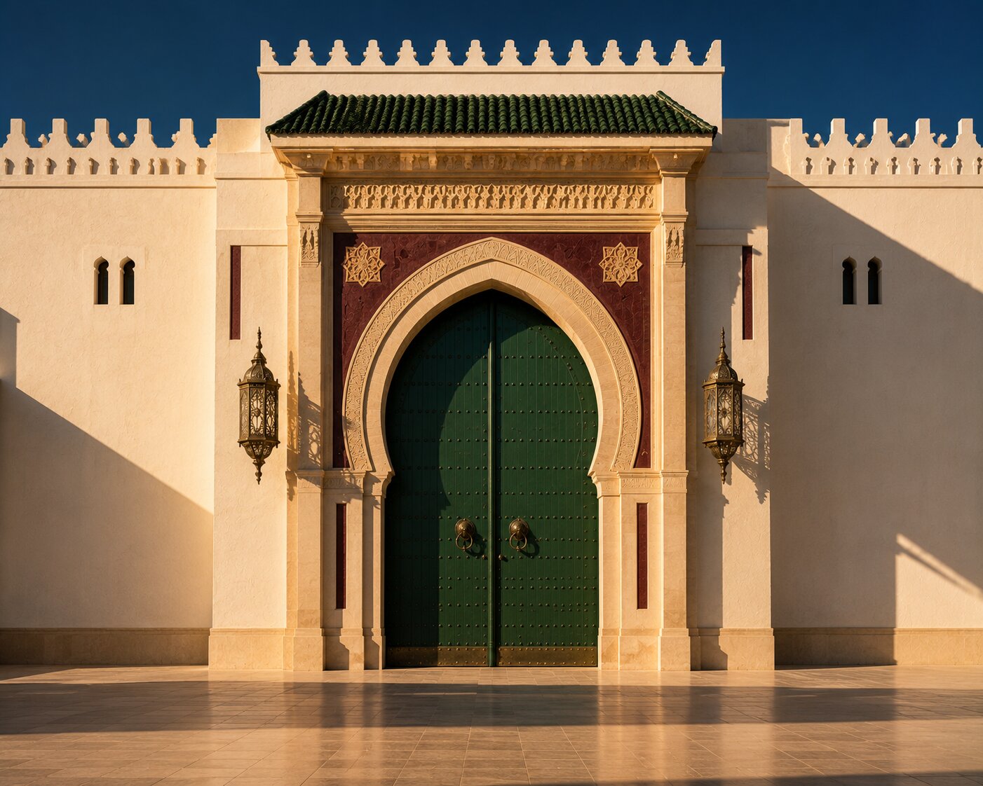Large green arched door in Rabat, framed by carved stone, lanterns and long shadows.