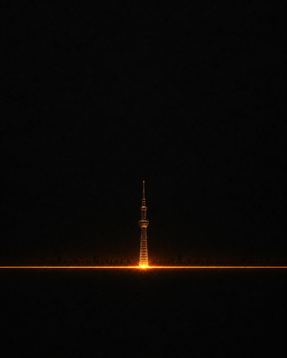 Tokyo Skytree centré au-dessus d'une fine ligne orange, entouré d'un horizon presque invisible.
