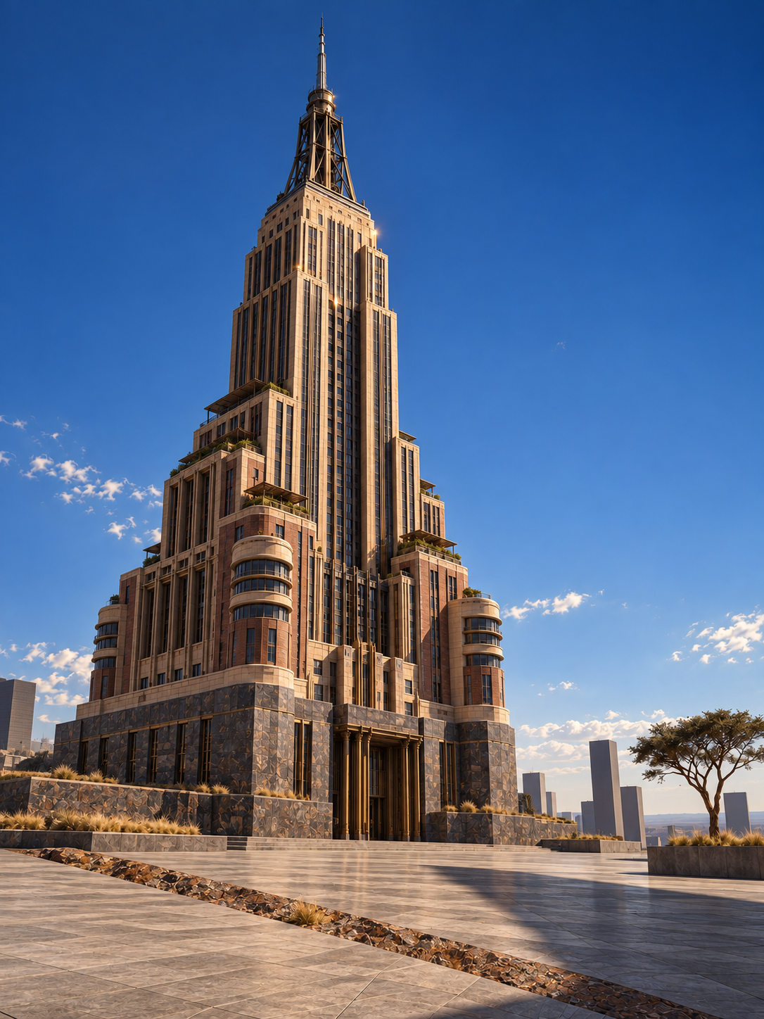 The Empire State Building rooted in a dark quartzite base, with curved Art Deco volumes, mineral terraces and a solitary acacia.