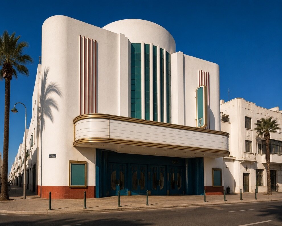 Art Deco cinema in Casablanca, curved white façade, brass-rimmed marquee, green glass canopy and deep blue doors, terracotta base