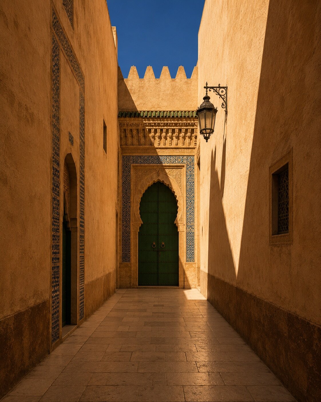 Passage étroit de Meknès aux murs ocre, porte verte et lanterne traditionnelle.