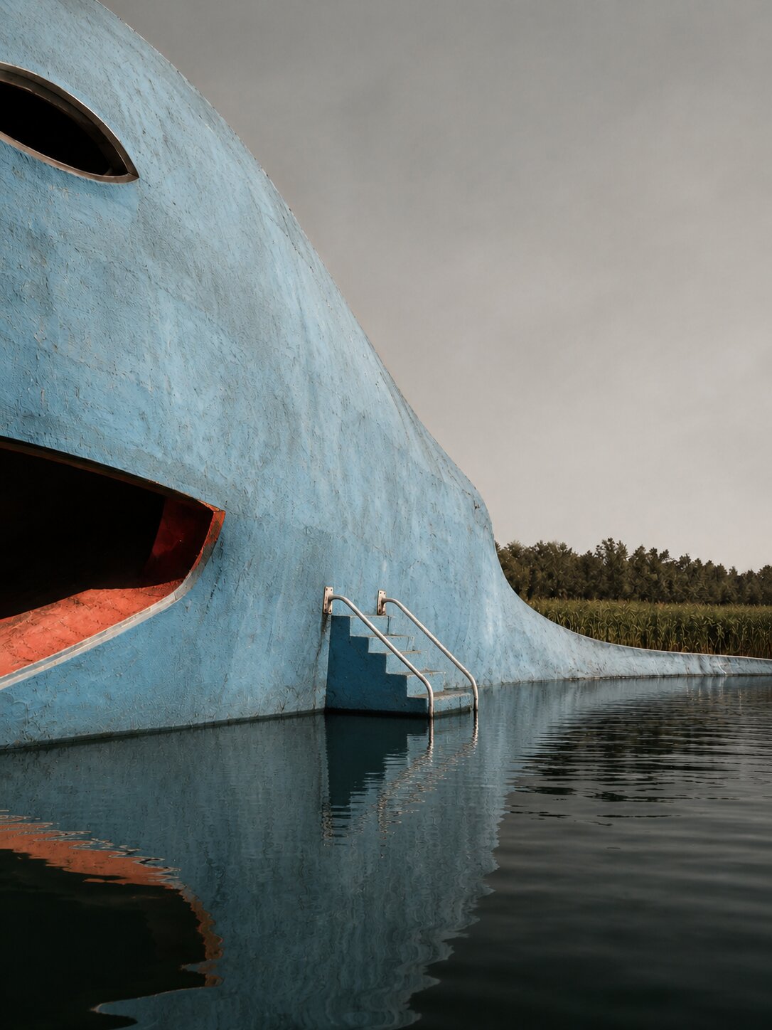 Large curved blue form of the Catoosa whale reflected in a dark basin.