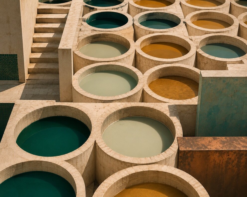 Composition abstraite de bassins circulaires aux tons verts, ocre et ivoire inspirée des tanneries de Fès.