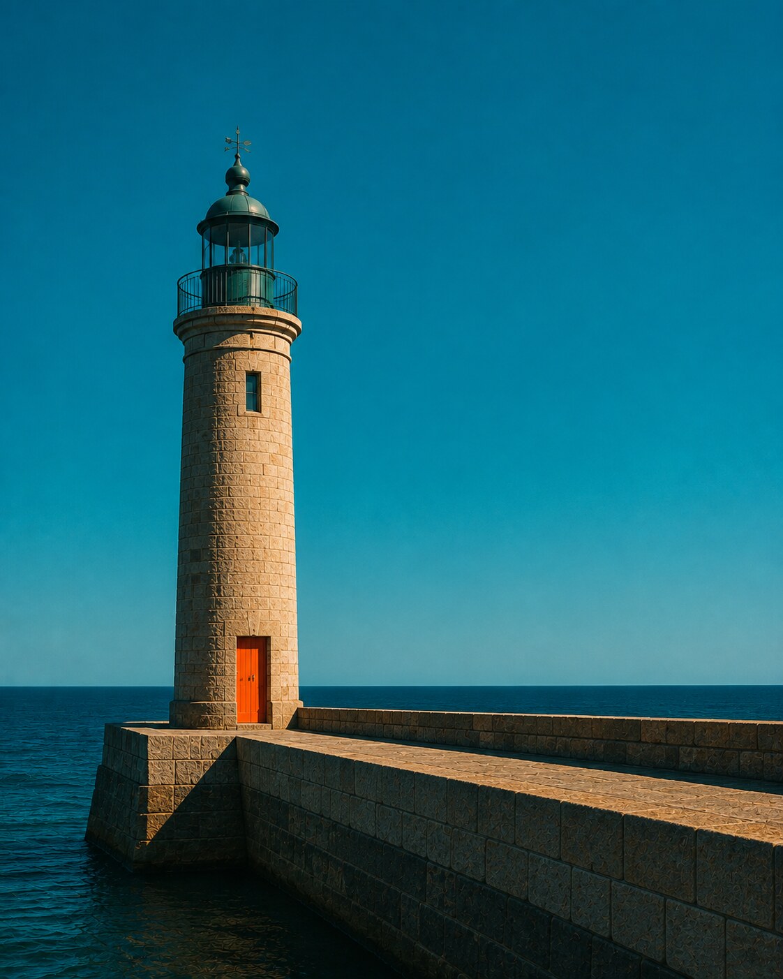 Phare de granit de Saint-Malo dressé sur un quai sous un ciel teal clair, avec une porte corail orange à sa base.