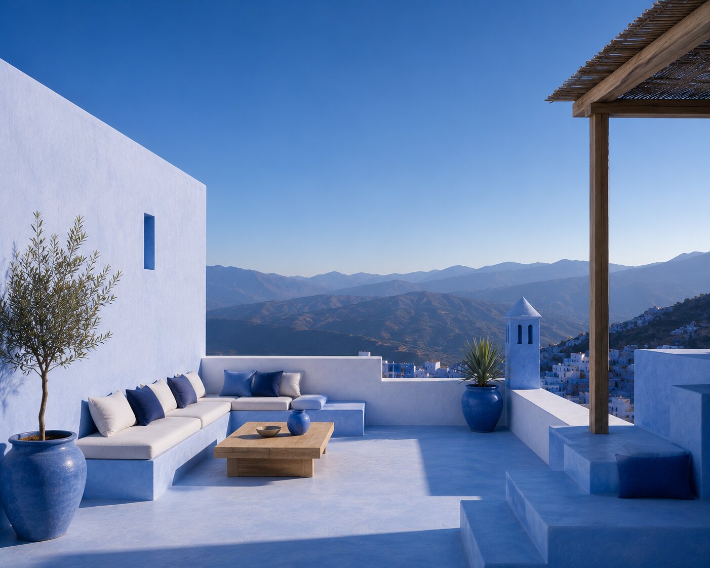 White and blue Chefchaouen terrace with seating, a potted olive tree and a view over the Rif mountains.