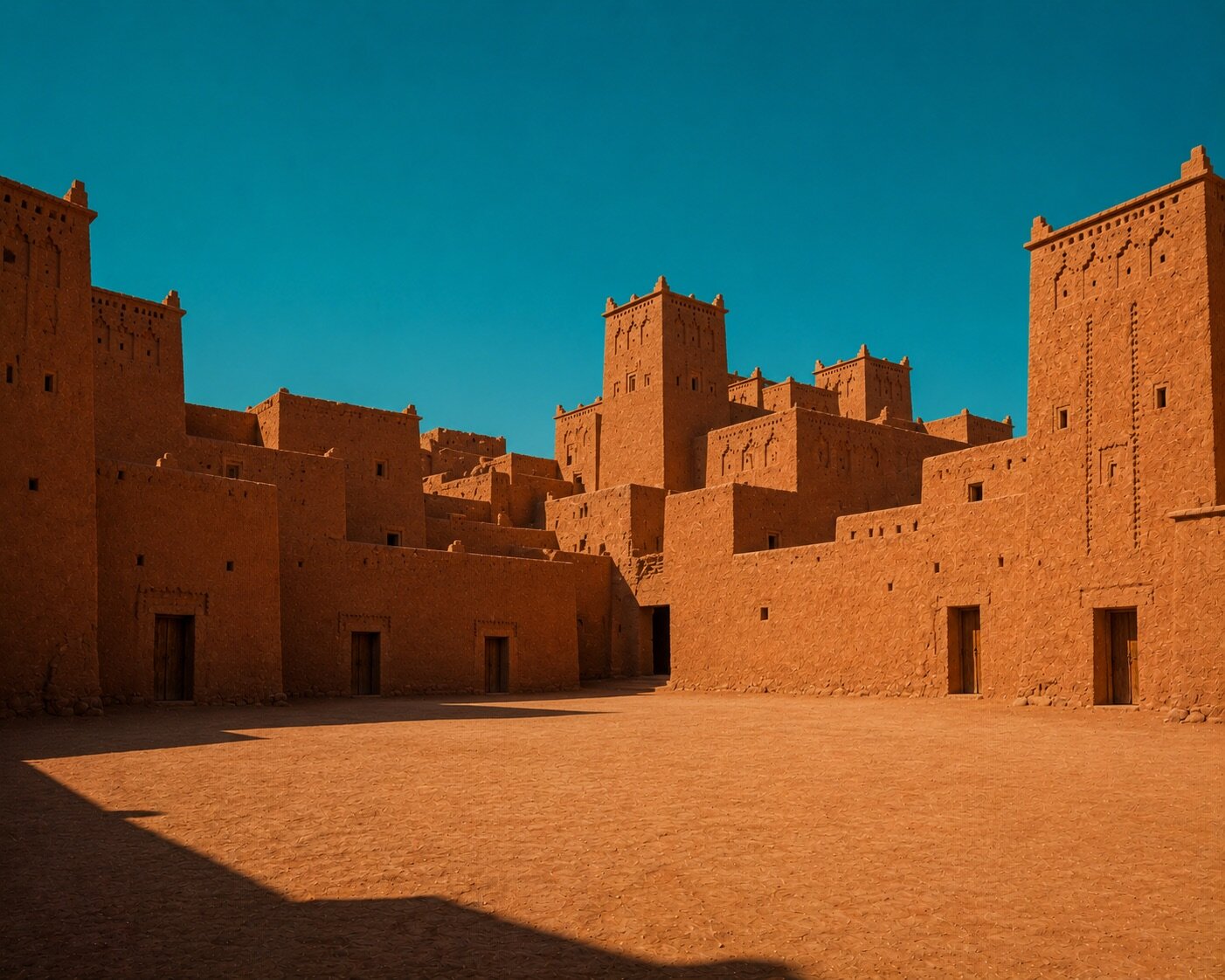Grande place entourée d'architecture traditionnelle en terre à Aït-Ben-Haddou