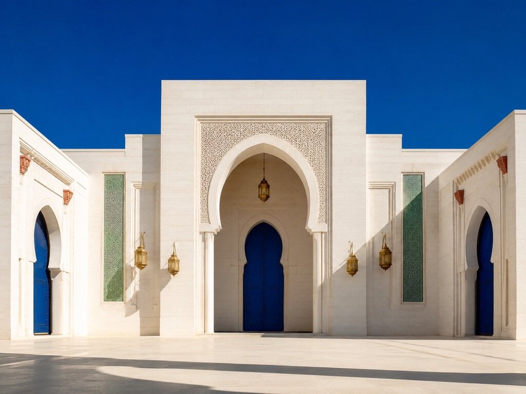 Façade symétrique blanche avec arche monumentale sculptée, porte bleu cobalt centrale et panneaux de zellige vert