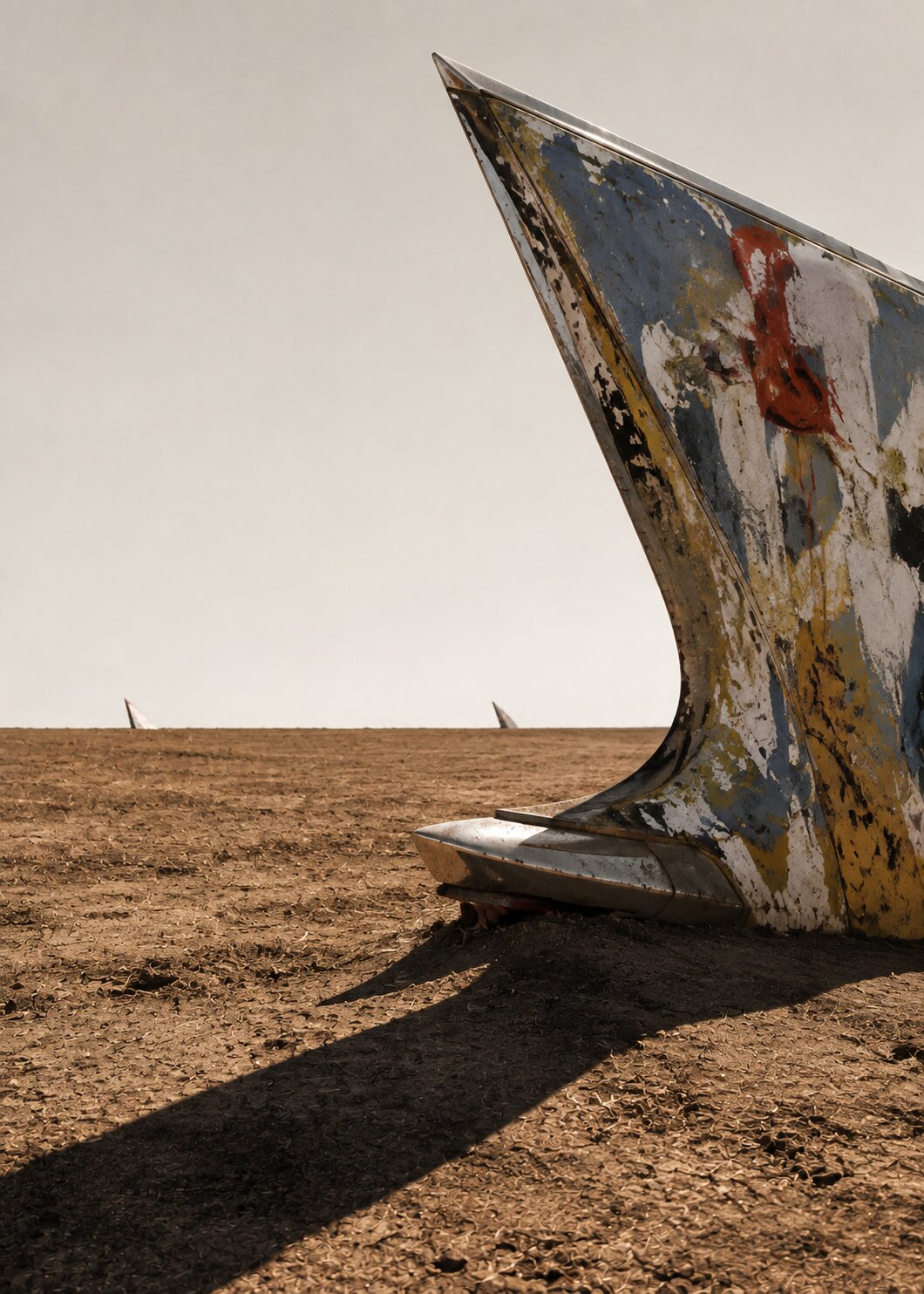 Painted, weathered car fin emerging alone from a dry field near Amarillo.