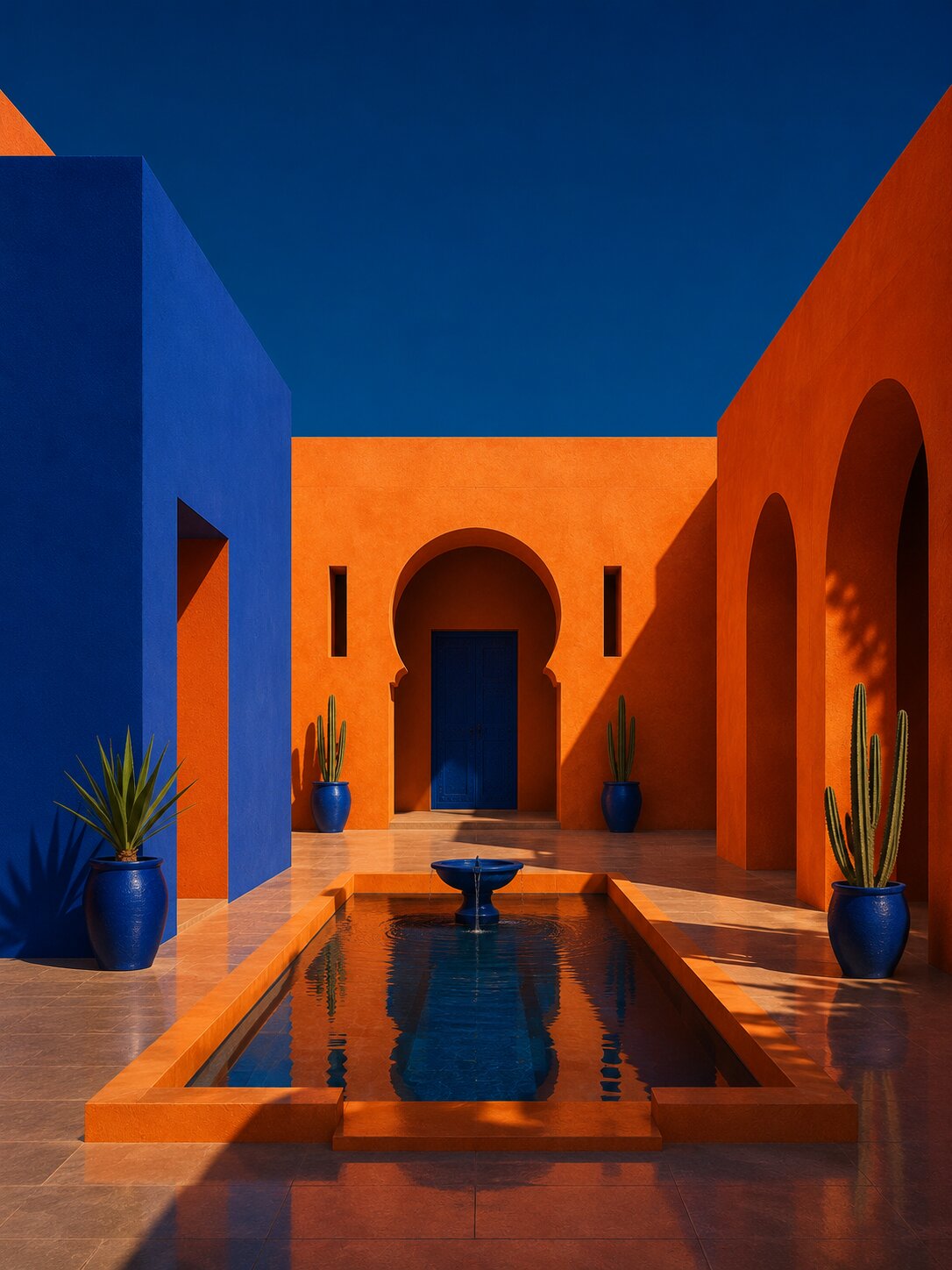 Patio avec arches successives orange et bleues, bassin central avec fontaine, cactus columnaires dans des jarres cobalt