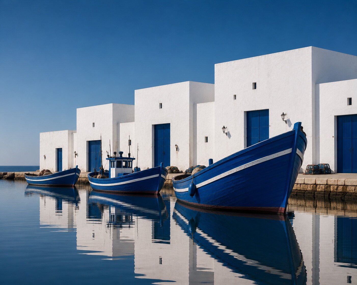 Barques bleues alignées devant des façades blanches et se reflétant dans l'eau calme du port.
