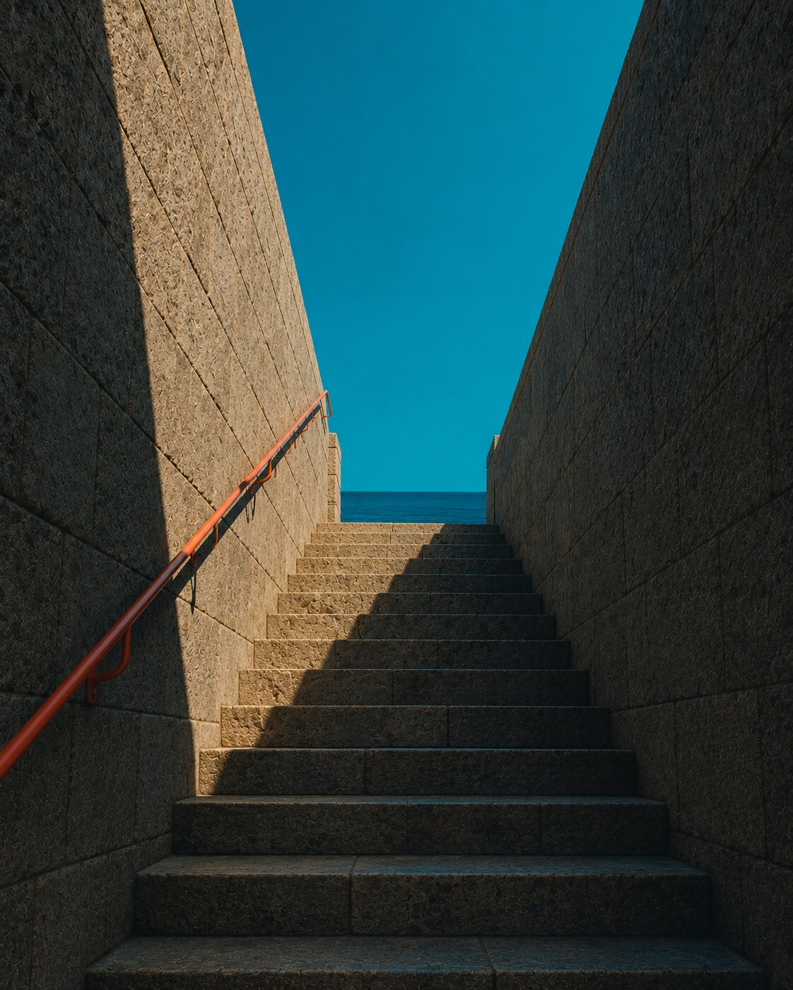Escalier de granit s'élevant entre deux hauts murs de rempart, avec une rampe corail et une bande de ciel cyan au-dessus.