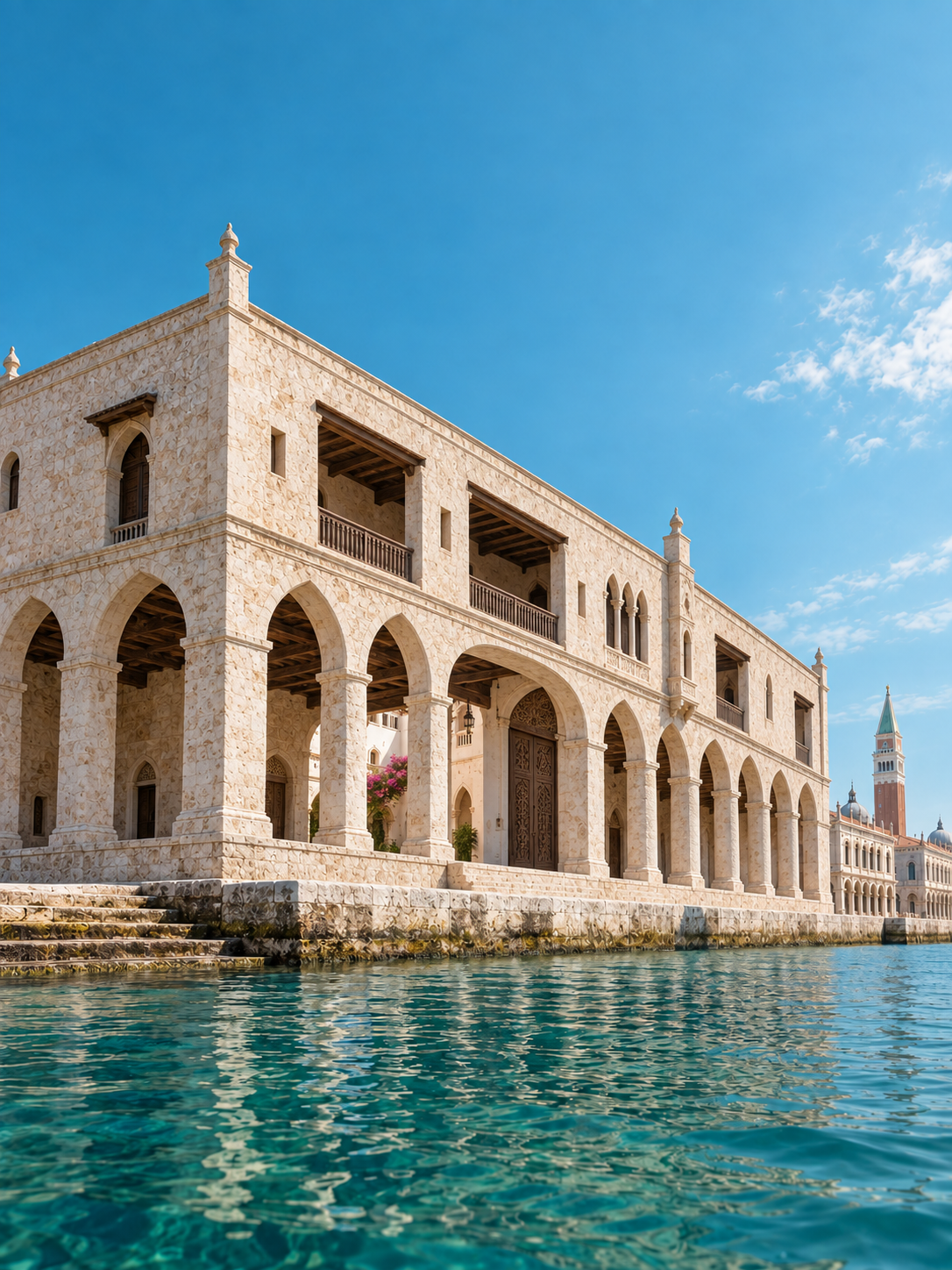 A Venetian palazzo in pale coral stone, articulated by deep arcades beside turquoise water, with a distant campanile.
