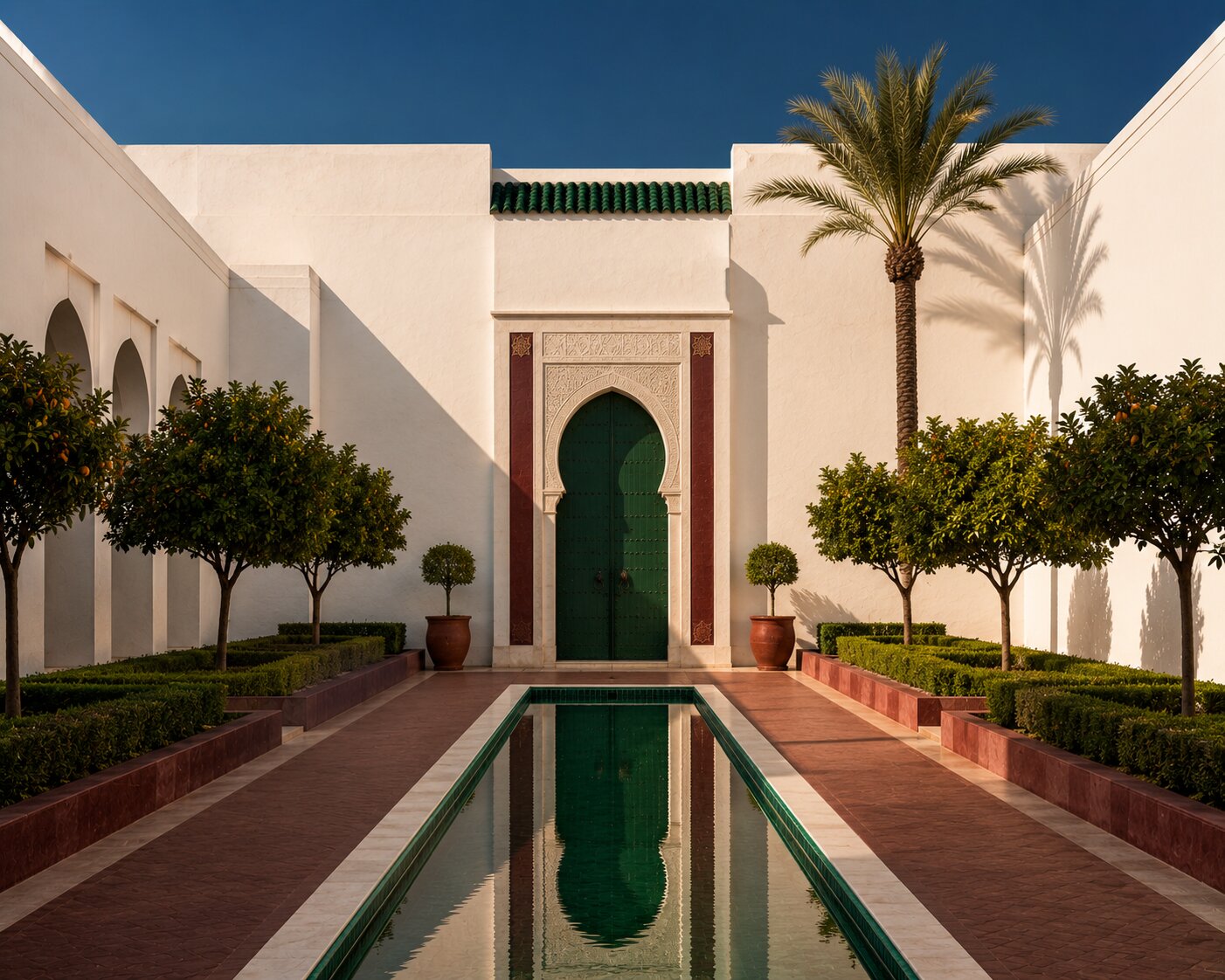 Symmetrical Rabat garden with orange trees, a palm, a pool and a green arched door.