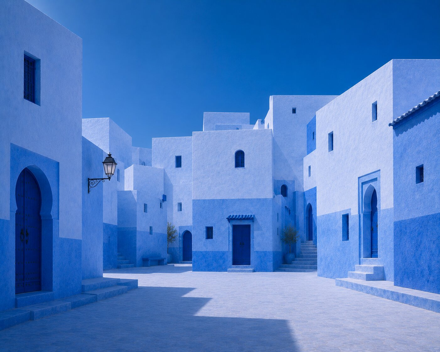 Blue Chefchaouen square bordered by arched doors, stairways and lanterns.